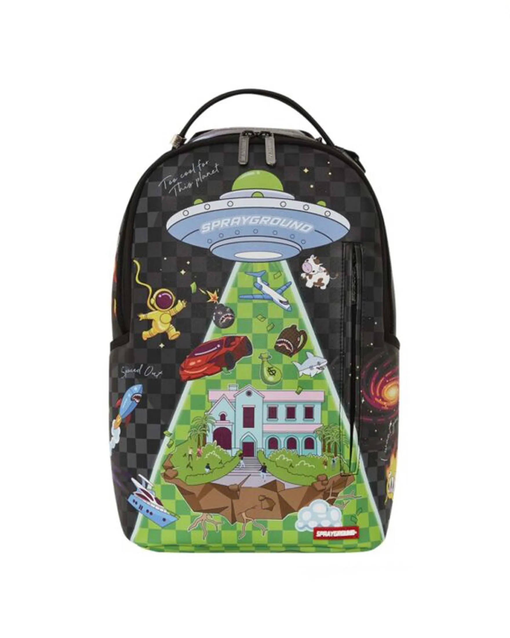 Zaino UFO WTF nero e verde in similpelle con motivo a scacchi e grafica extraterrestri